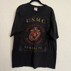 Men's Black Marines USMC Semper Fi Short Sleeve Tee L Made In USA 100% Cotton